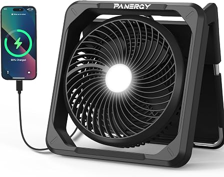 PANERGY Solar Powered Fan, Rechargeable Battery Fan with Detachable Solar Panel, 3 Speeds Portable Camping Fan with Light & Timer, 90Tilt Desk Fan Strong Airflow for Garage RV Travel Hurricane Outage