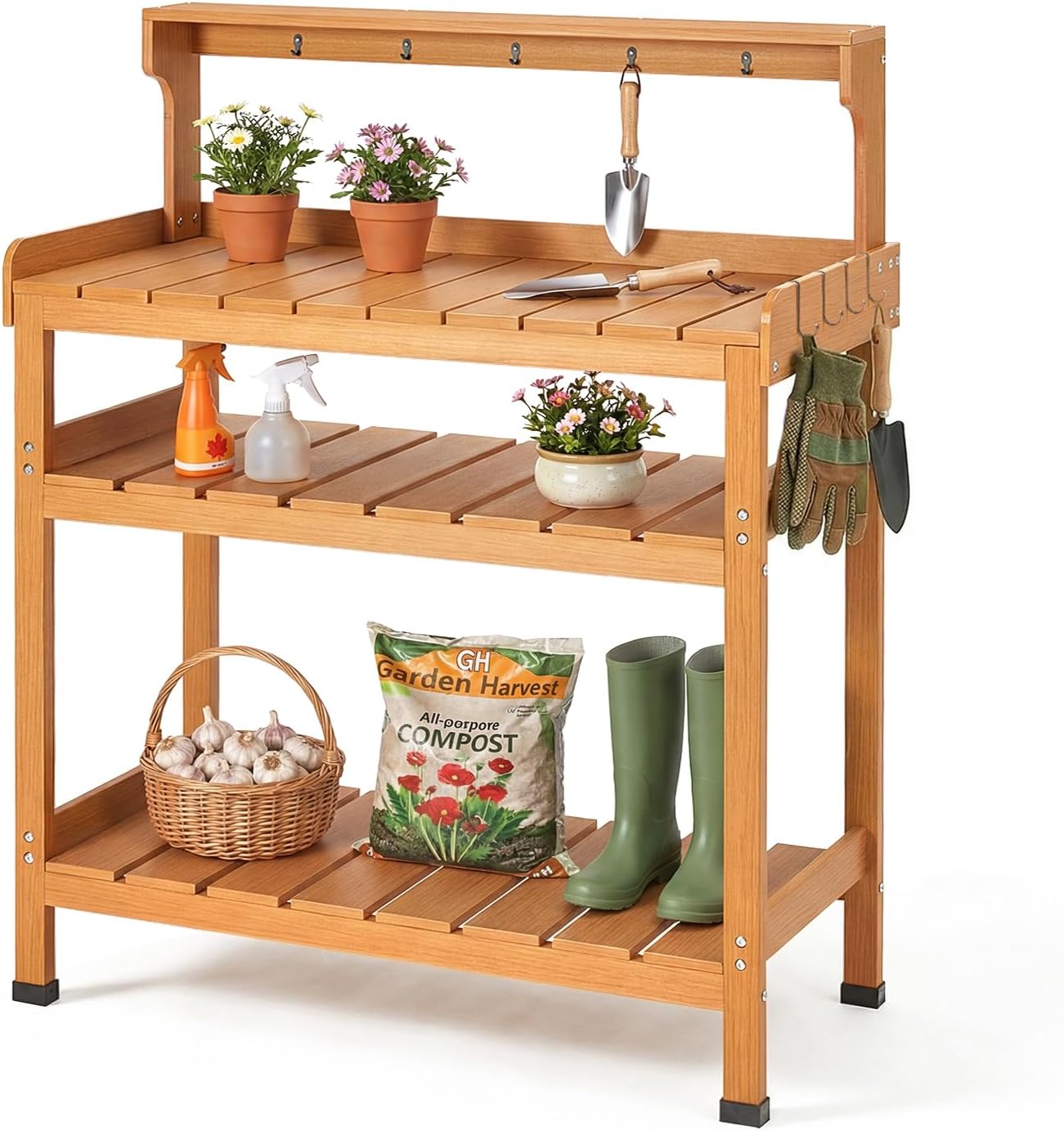 Frogprin Potting Bench Table, Extra-Large Outdoor Garden Potting Bench (HDPS) with 9 Hooks, All-Weather Garden Table Work Station, No Rust, No Fade, No Break (Teak, 35.6''X16.5''X45.5'')