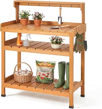 Frogprin Potting Bench Table, Extra-Large Outdoor Garden Potting Bench HDPS with 9 Hooks, All-Weather Garden Table Work Station, No Rust, No Fade, No Break Teak, 35.6X16.5X45.5