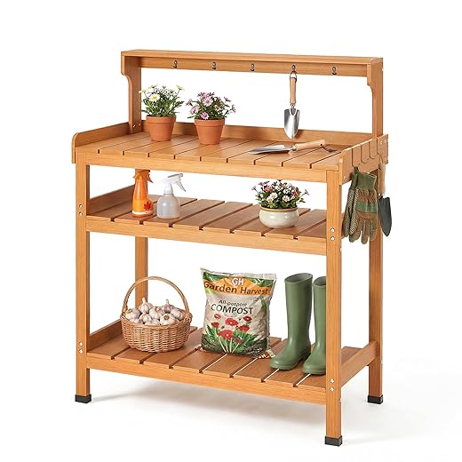 Frogprin Potting Bench Table, Extra-Large Outdoor Garden Potting Bench (HDPS) with 9 Hooks, All-Weather Garden Table Work Station, No Rust, No Fade, No Break (Teak, 35.6''X16.5''X45.5'')