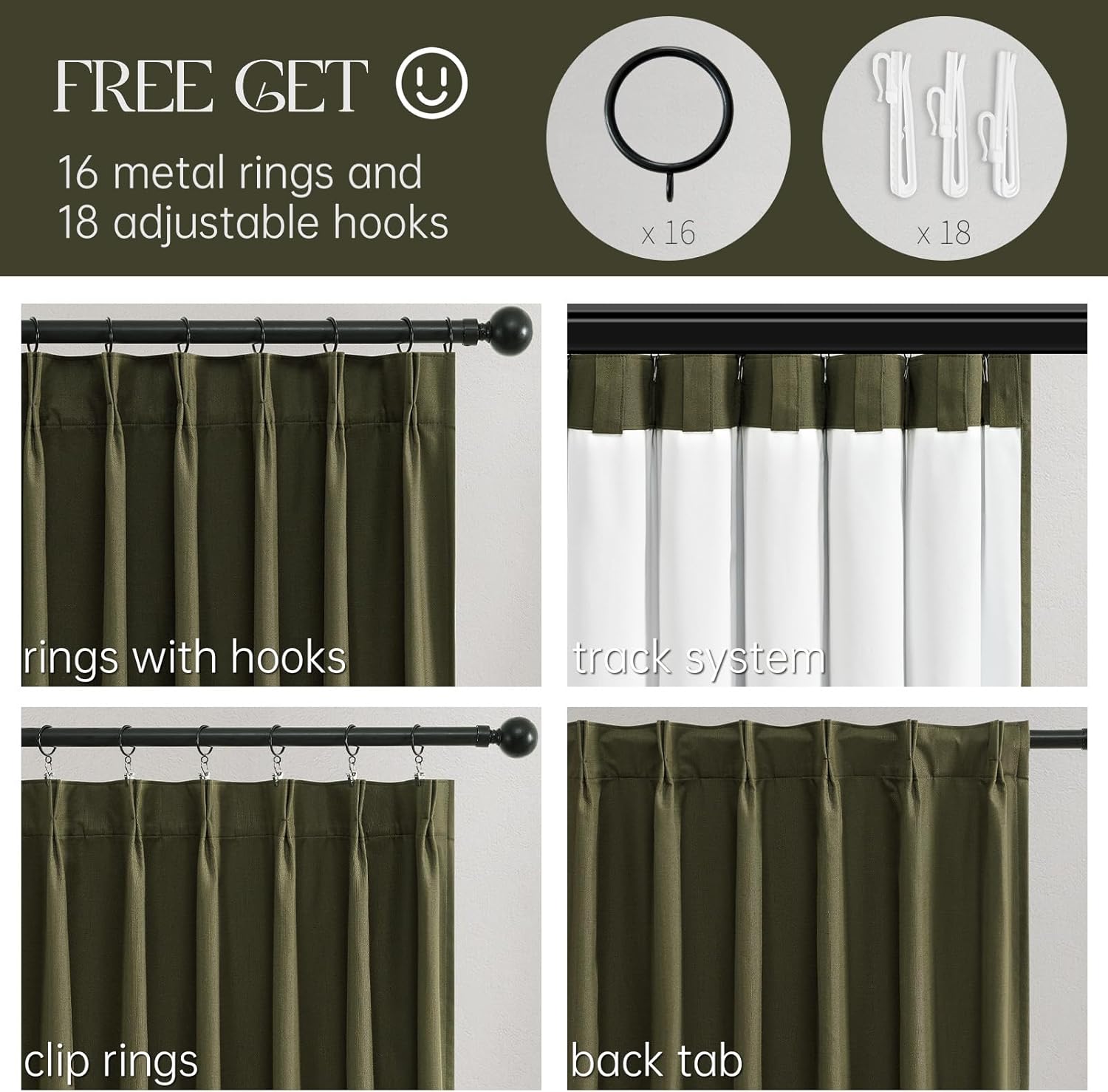 pleated linen olive green curtains 102 inches long 2 panels set for living room bedroom neutral farmhouse cotton linen blend back tab memory shape pinch pleat ceiling floor 102 inch window curtain
