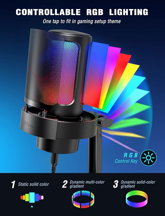 FIFINE USB Microphone, AmpliGame Gaming Computer Desktop Capacitor, RGB Microphone, YouTube on Mac/Computer/PS4/PS5, Silent Button, Microphone Gain, Pop Filter, Shock Mount, Headphone Jack-A8