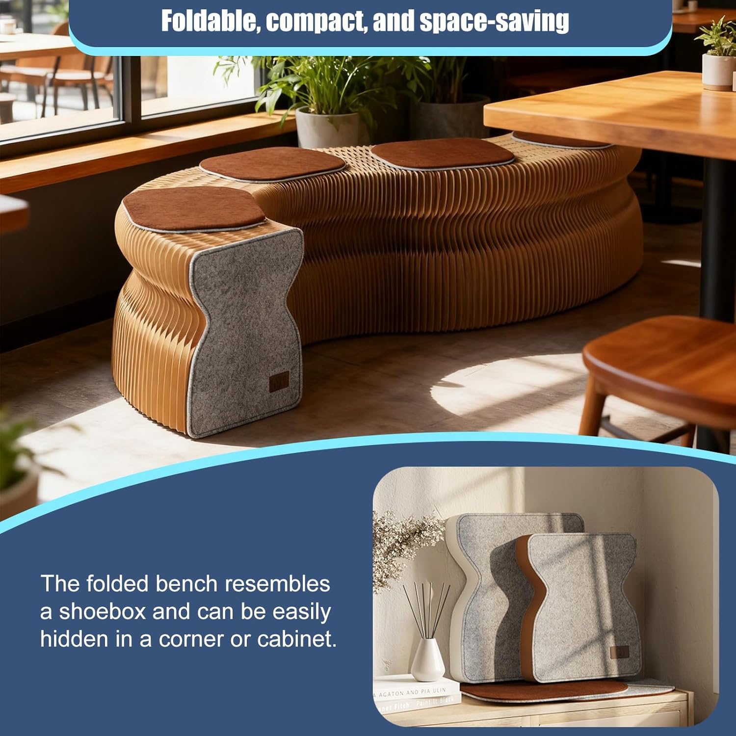 Accordion Paper Folding Sofa Chair with Cushion Foldable Paper Stool Bench, Honeycomb Backless Sofa Chair, Easy to Use and Store, Suitable for Coffee Bar, Reading Nook(Brown,12.2x14.7x47-59in)