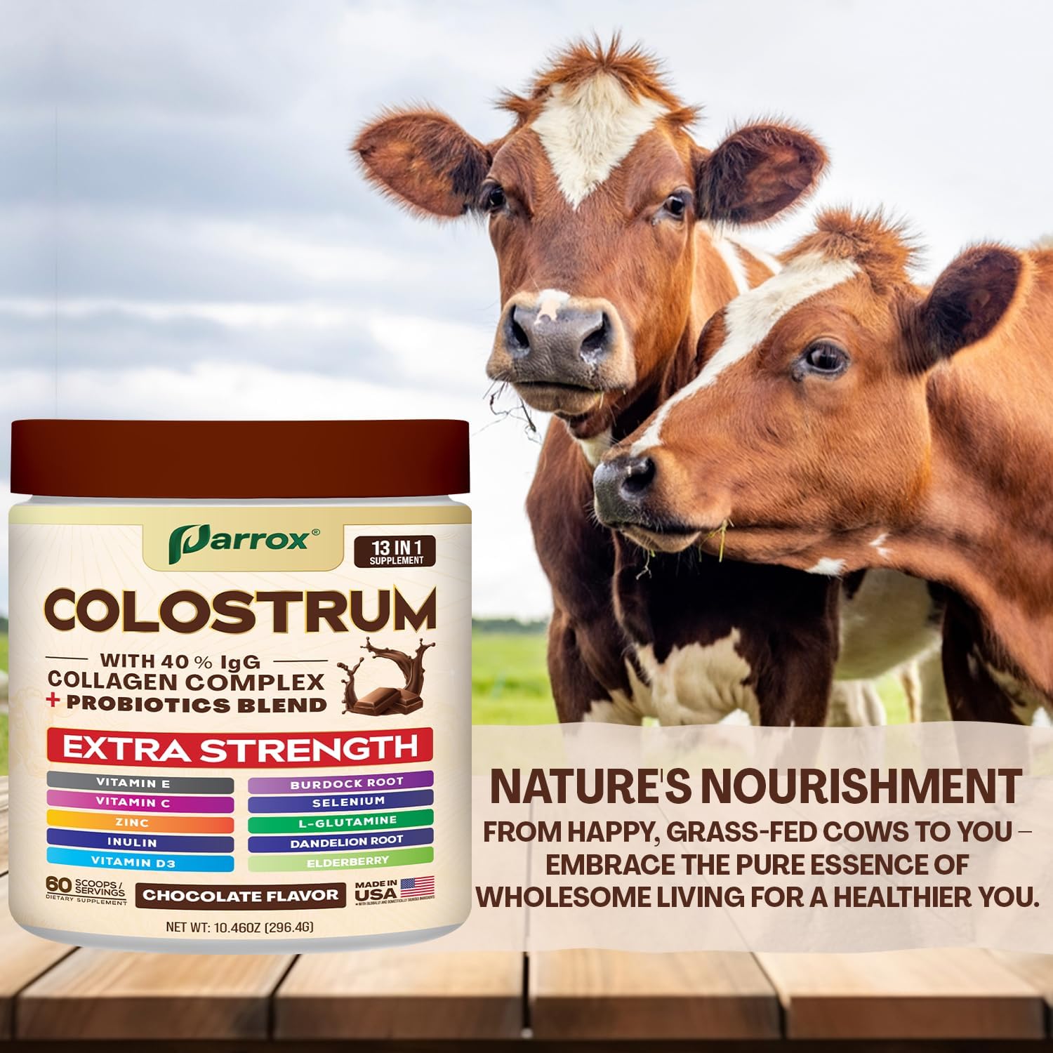 Colostrum Powder with 40% IgG, Collagen, Probiotics, Burdock Root, L-Glutamine, Elderberry, Vitamin C, Vitamin E, Vitamin D3, Inulin, Selenium, Dandelion Root, Zinc, 60 Servings (Chocolate)