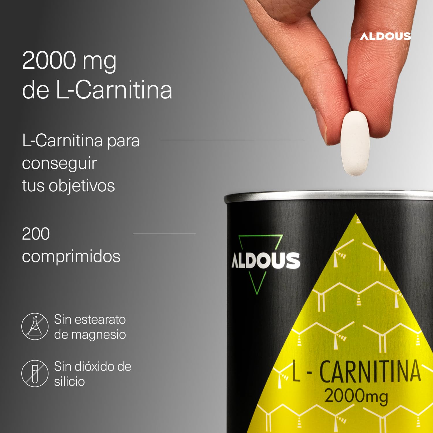 L Carnitina 2000 mg - 200 Comprimidos - Suplemento Pre Entreno y Recuperador Muscular - 2932 mg L-Carnitina Tartrato Alta Potencia - Energía, Resistencia - Vegano, Sin Gluten, Sin Aditivos - ALDOUS