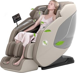 Real Relax 4D-Massagesessel,Ganzkörper-Shiatsu-Massage-Stuhl,Massageliege mit SL-Track,Yoga-Stretching,UI-Touchscreen,Fußrollen,Heizung,PS5200, Khaki
