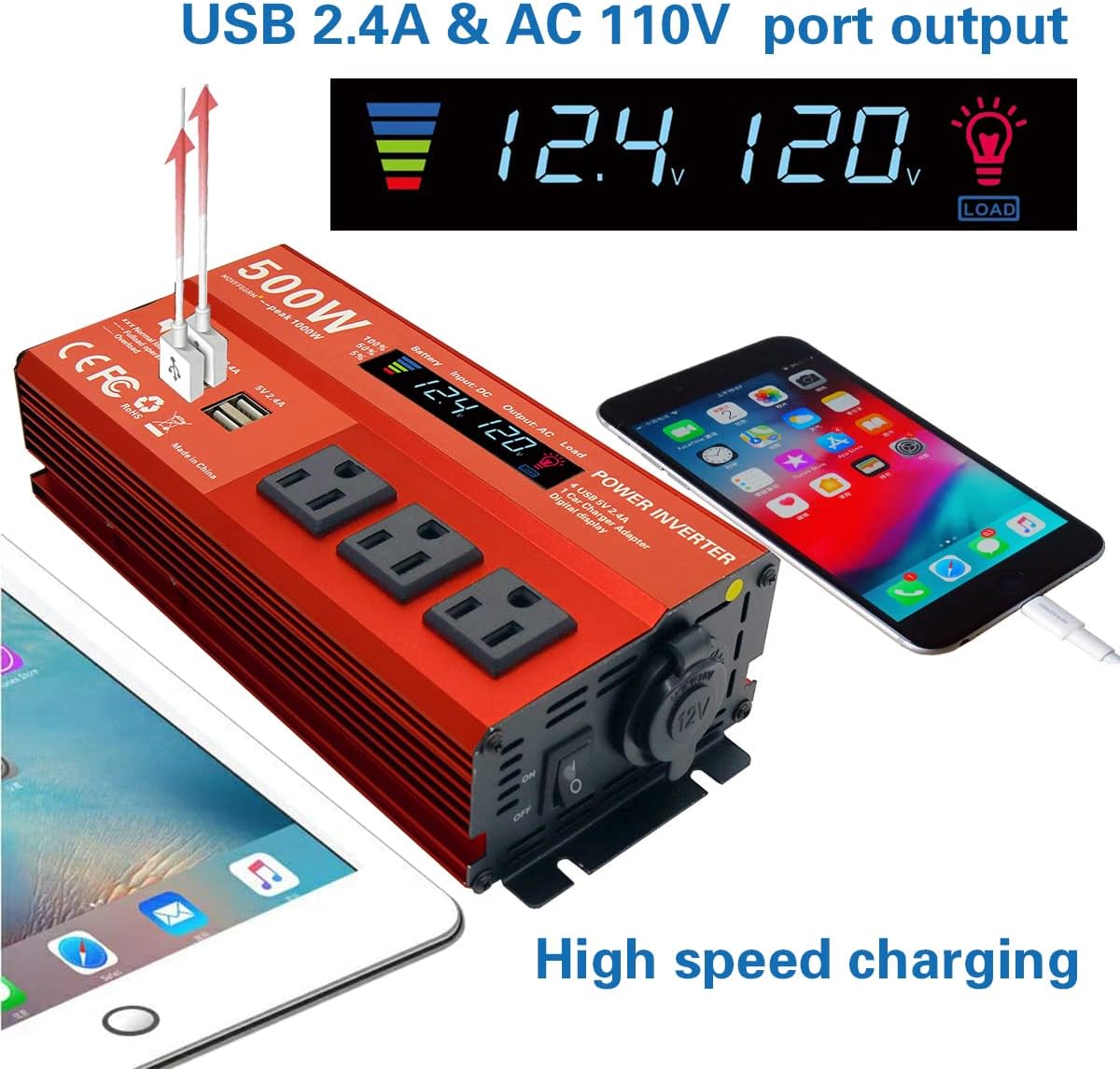 500w power inverter for car showing AC outlets and USB ports