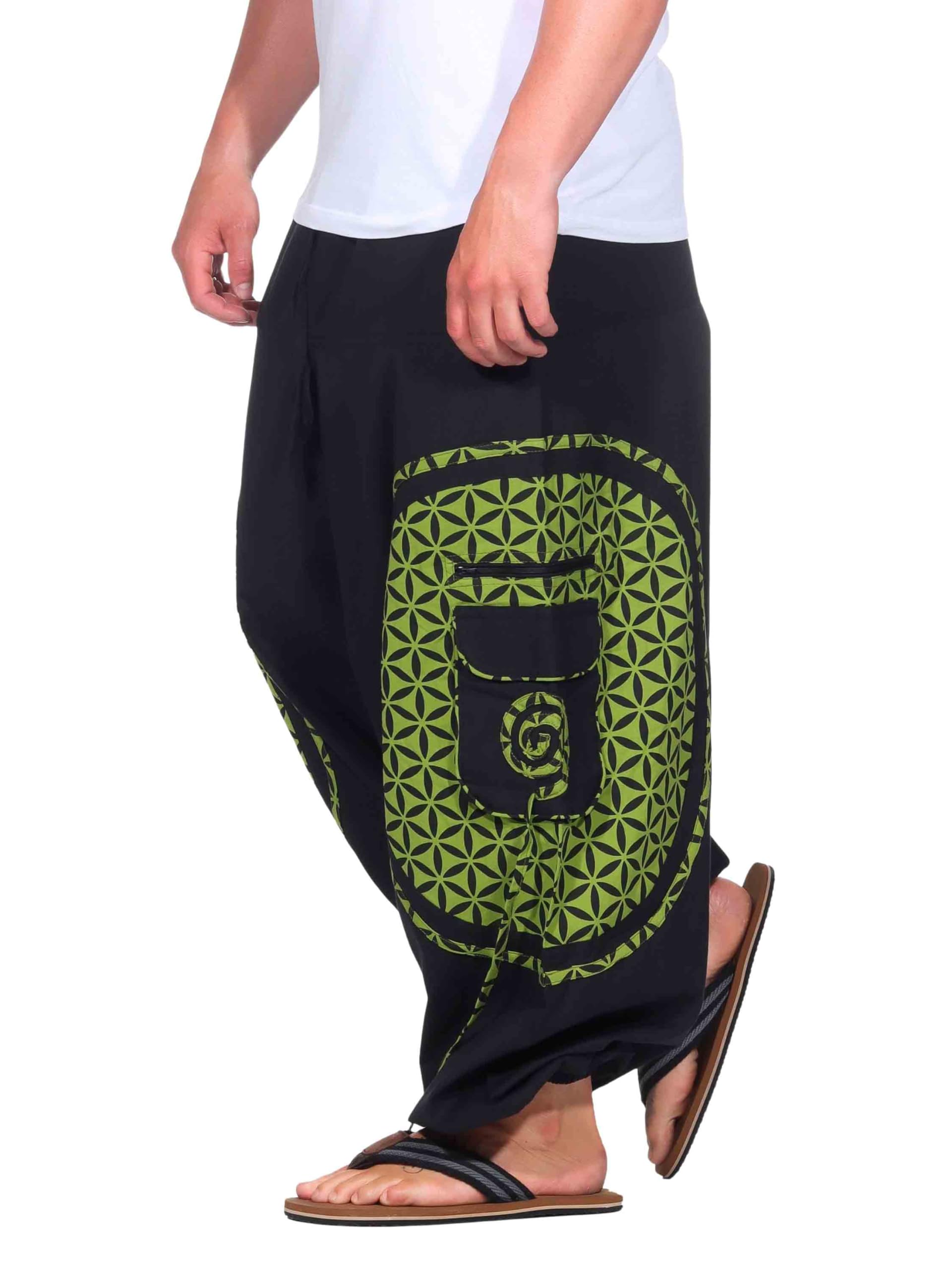 KUNST UND MAGIE Pantaloni Harem alla moda con motivo colorato Goa Hippie nero/limone. XXXXL