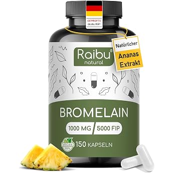 Bromelain High Dosage, 1000 mg (2500 GDU) per Day, 150 Enteric Juice-Resistant Capsules, Natural Pineapple Extract, Produced 