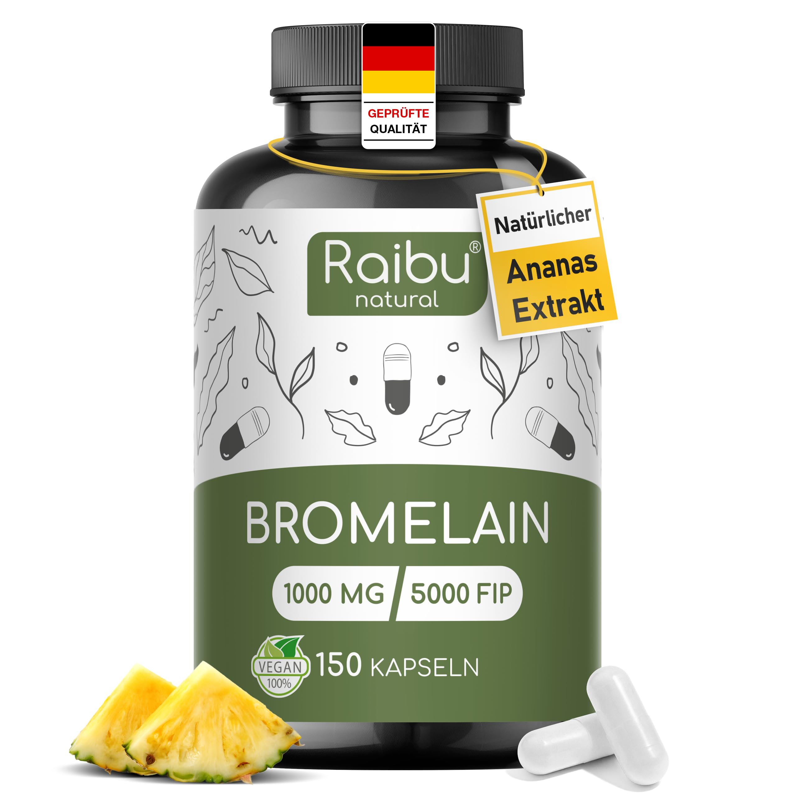 Bromelain Hochdosiert, 1000 mg (2500 GDU) pro Tag - 150 magensaftresistente Kapseln - Natürlicher Ananas Extrakt - In Deutschland produziert, laborgeprüft und vegan