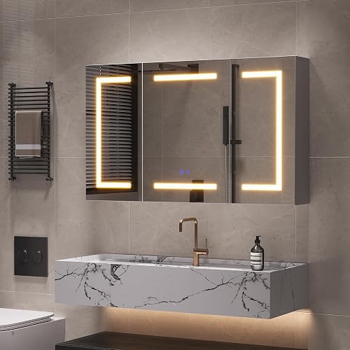 PerGar Armoire miroir LED de salle de bain avec éclairage, 3 portes, armoire miroir de salle de bain avec anti-buée et étagère réglable, 3 températures de couleur à intensité variable, design moderne - 8