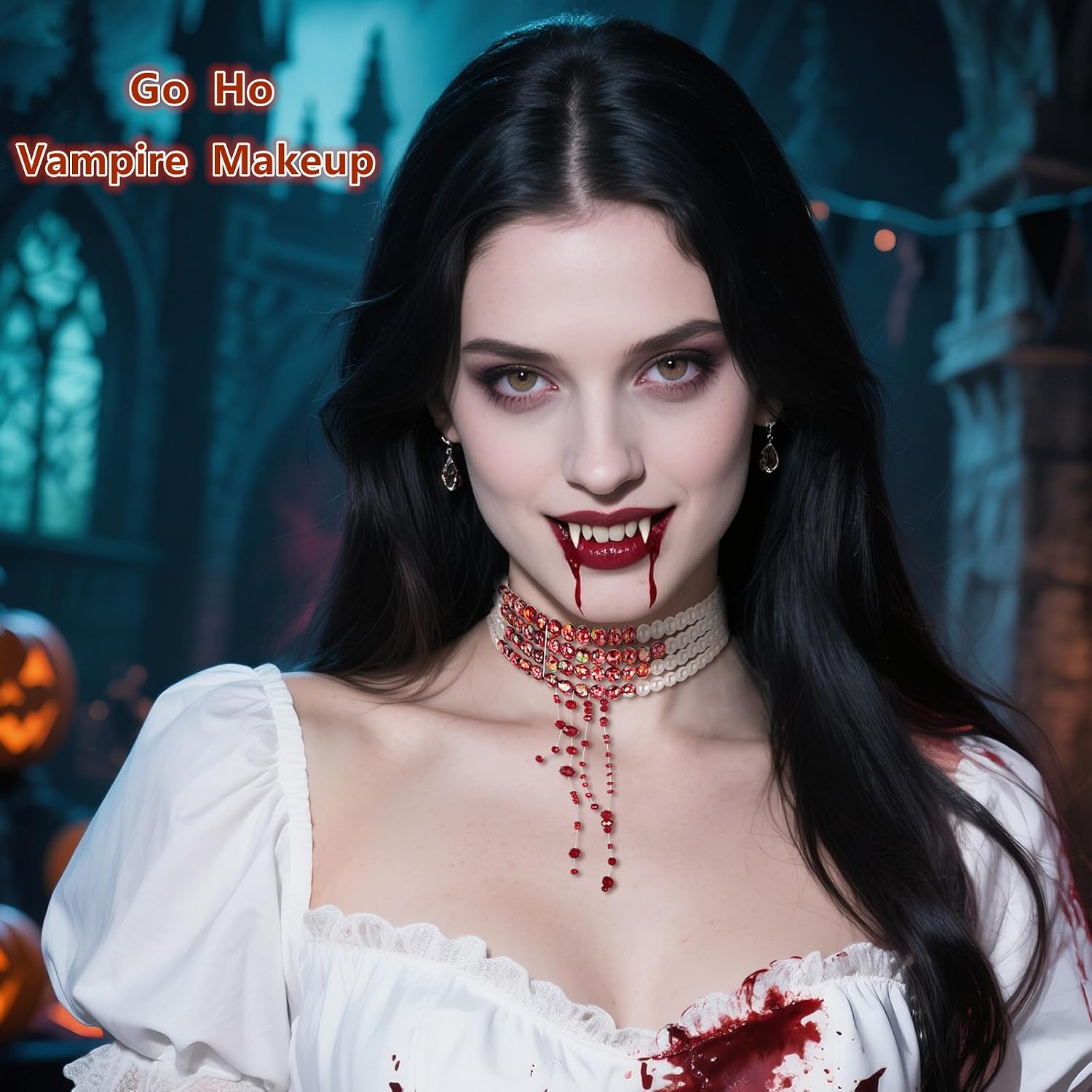 Go Ho Halloween Necklace for Gothic Witch Vampire Makeup Set- Bloody Pearl Choker Necklace,Fake Blood Spray,4 Sizes Vampire Fangs Teeth,Halloween Party Cosplay Props Accessories for Women