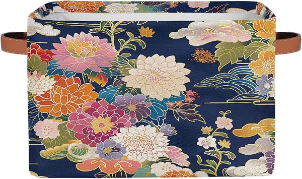 Collapsible Storage Bin 15x11in Japanese Classical Blooming Flowers Easter Storage Basket for Shelves, Dog Toy Organizing