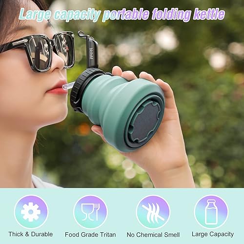 Miniatura 6 de Mefold Botella de agua plegable de 18.6 fl oz, botella de agua de viaje de silicona plegable de 18.6 fl oz con popote y correa a prueba de fugas,