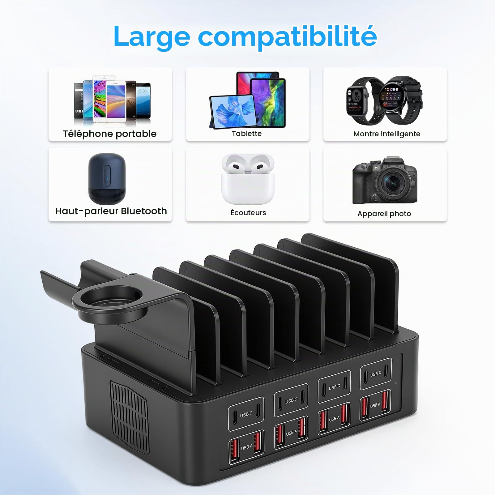 Station de Chargement USB, Station de Recharge 16 Ports 15W avec 8 Câbles, Support Chargeur Telephone,Station de Charge Telephone Portable