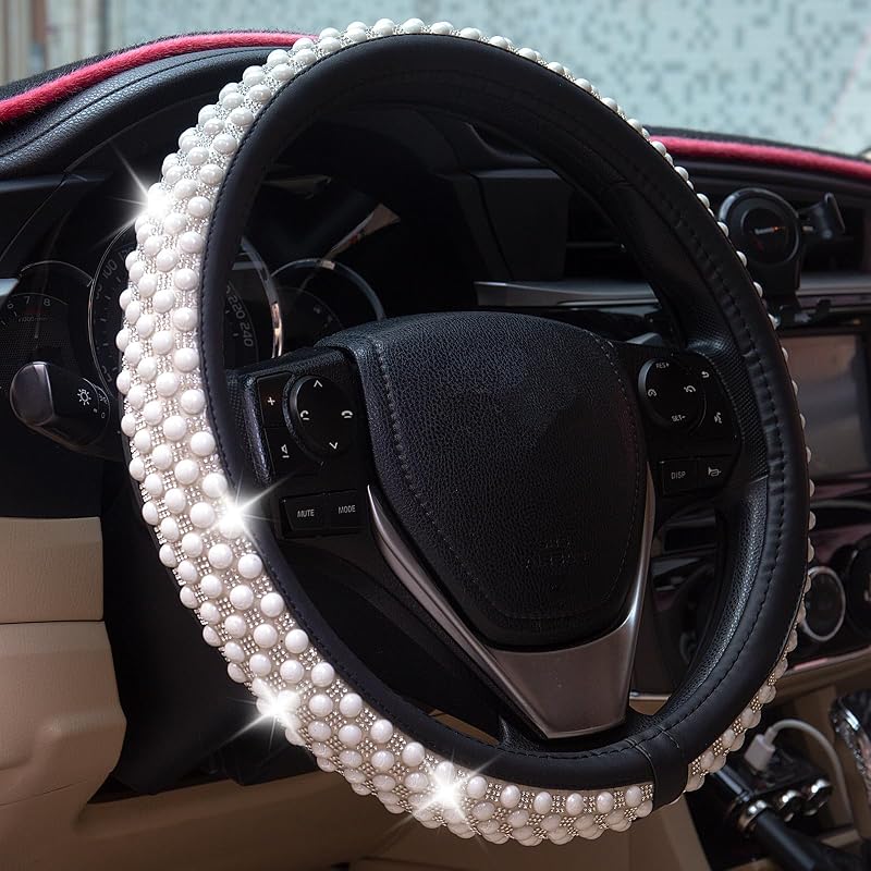 Capa para Volante Evankin em Couro com Detalhes de Strass e Pérola Branco-Pérola 38 cm