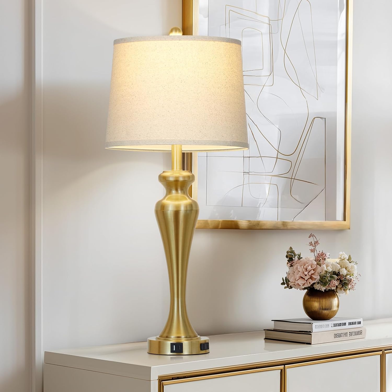 Ruzectt 30" Table Lamp Single, 3-Way Dimmable Touch Bedside Lamp with USB A+C Ports and AC Outlet, Tall Living Room Lamps for Side Table, Modern Bedroom Lamp for Nightstand, Gold-1PK