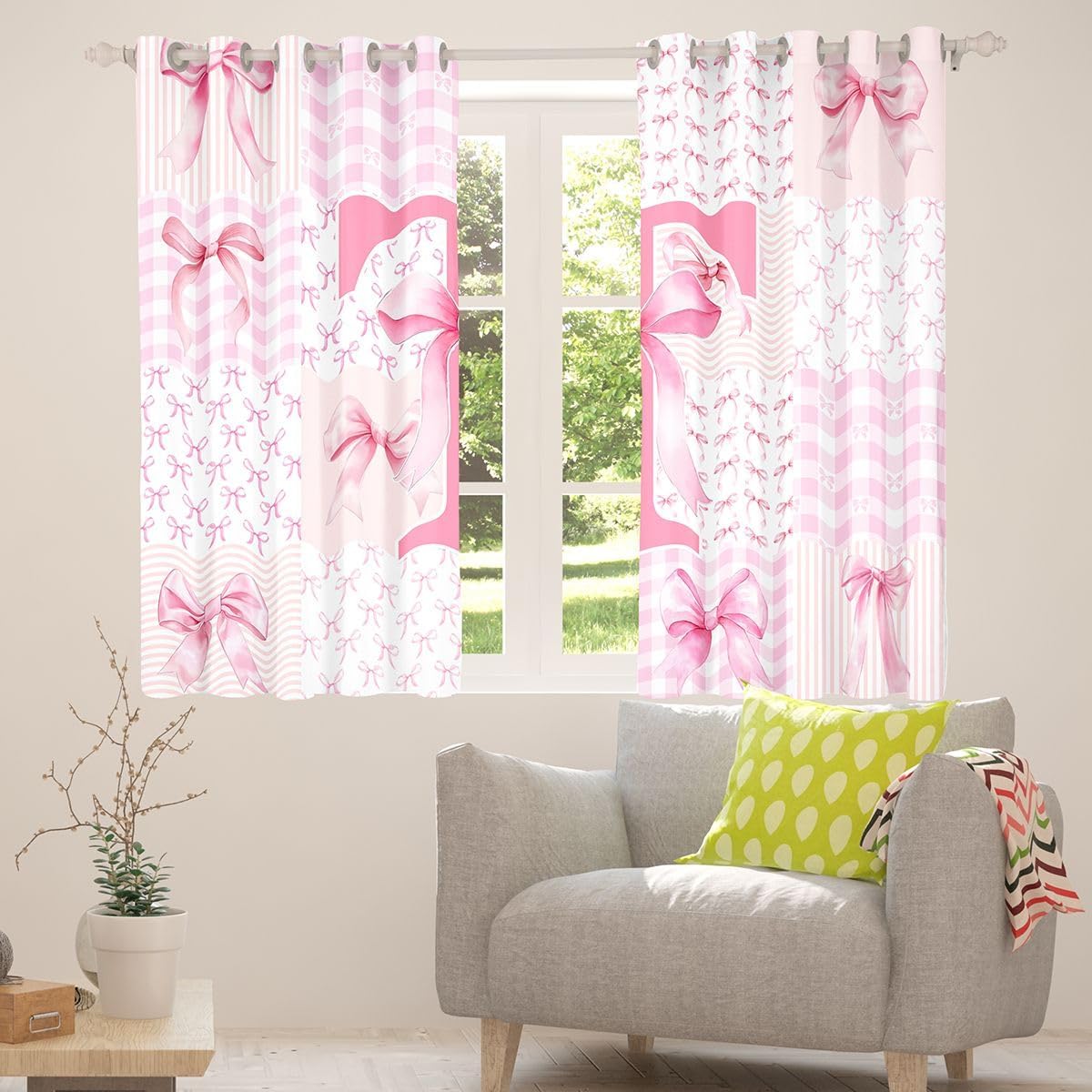 Feelyou Pink Bow Curtains for Bedroom Living Room Personalized Initial T Blackout Darkening Drapes Cute Bowknot Window Treatments, 2 Panels 38 x 45 Inch Pink Alphabet Room Decor Plaid image 4