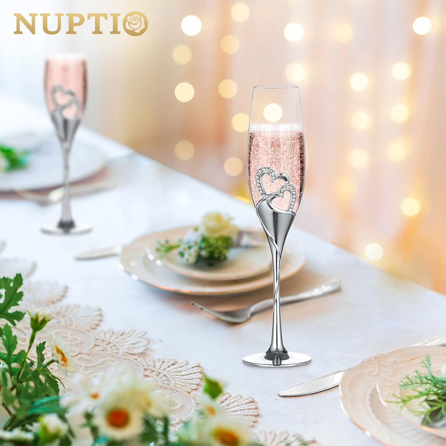 Creative Heart Set with Diamonds Champagne Flutes - Wedding Glasses for Bride & Groom - Toasting Cups Gift Sets for Couples - Engagement, Wedding, Anniversary, House Warming, Hostess Gift (Silver) - Image 2