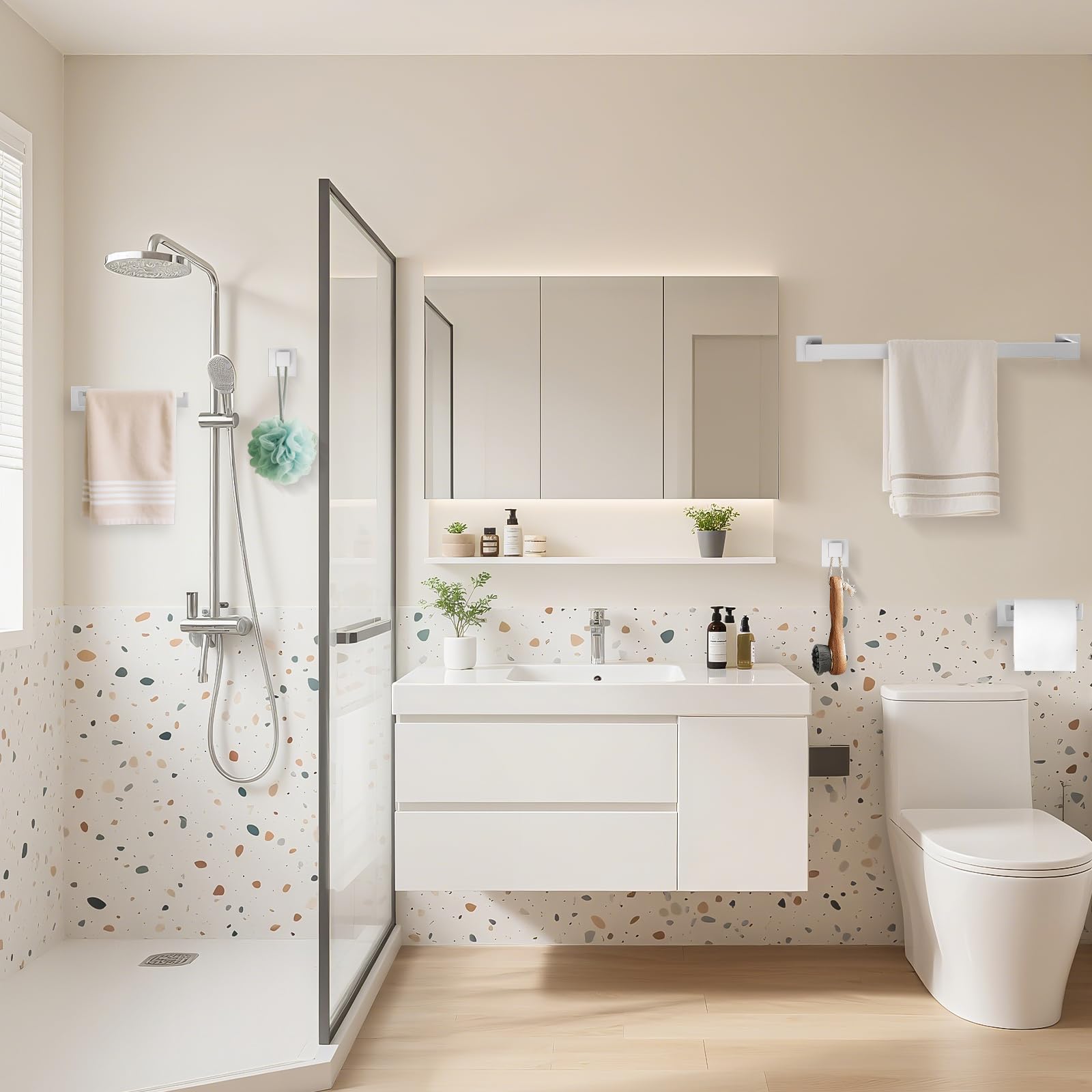 Turs 5-teiliges Badezimmer-Zubehörset, Handtuchstange, Haken, Toilettenpapierhalter, Handtuchring, zur Wandmontage (Gebürstetes Silber)