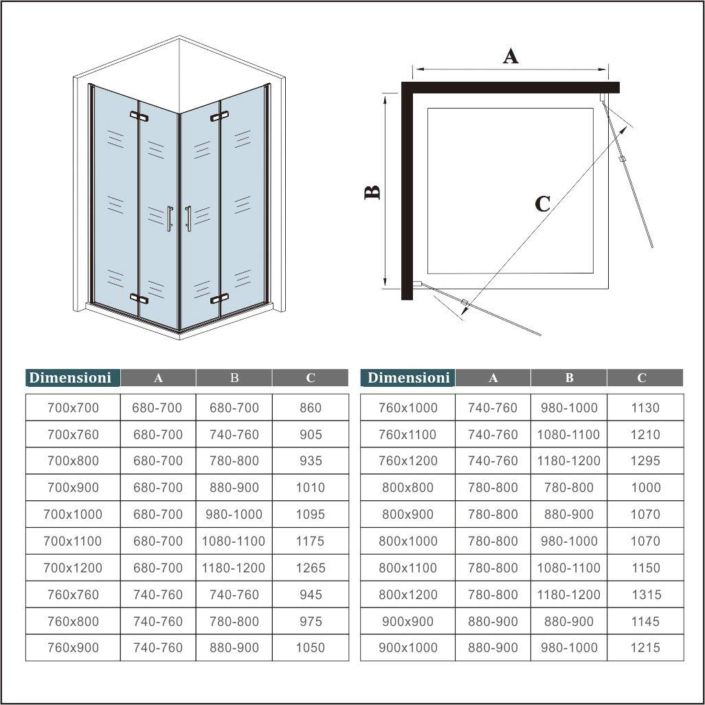 Box Doccia Angolare 80x80 Cm - Porte In Vetro Temperato 6 Mm Anticalcare, Apertura Battente, 185 Cm Alto