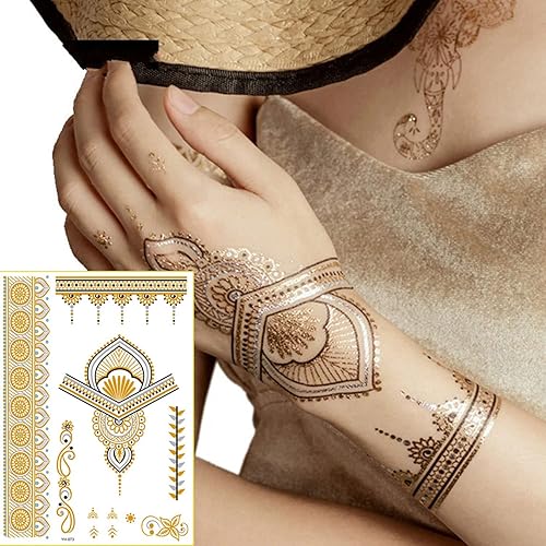 Miniatura 4 de 6 hojas de tatuajes temporales de henna dorada para mujeres y niñas, calcomanías de tatuaje falso de encaje, misterio sexy, mandala, flor, diseño de