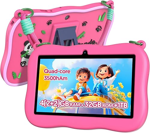 Fitifun 7 pulgadas Android 13 Kids Tablet, 4GB+32GB+1TB expandido, Quad-Core tableta para niños pequeños con funda a prueba de golpes, Bluetooth,