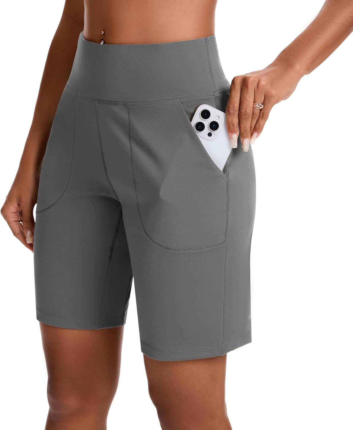 Bermuda Shorts for Women with Zipper Pocket Womens High Waisted Long Shorts for Running Workout Athletic