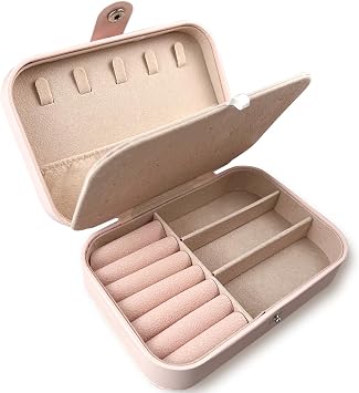 Travel Jewelry Box - Compact PU Leather Organizer for Women and Girls, Portable Mini Case for Earrings, Rings, Necklaces, Bracelets Pink