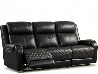 Satin Black 3 Seat Top Grain Cowhide Leather Power Recliner Sofa with Arm Power Controls,Wall Hugger Space Saving, Power Adjustable Headrest&Footrest,Living Room&Home Theater,365-day Trial