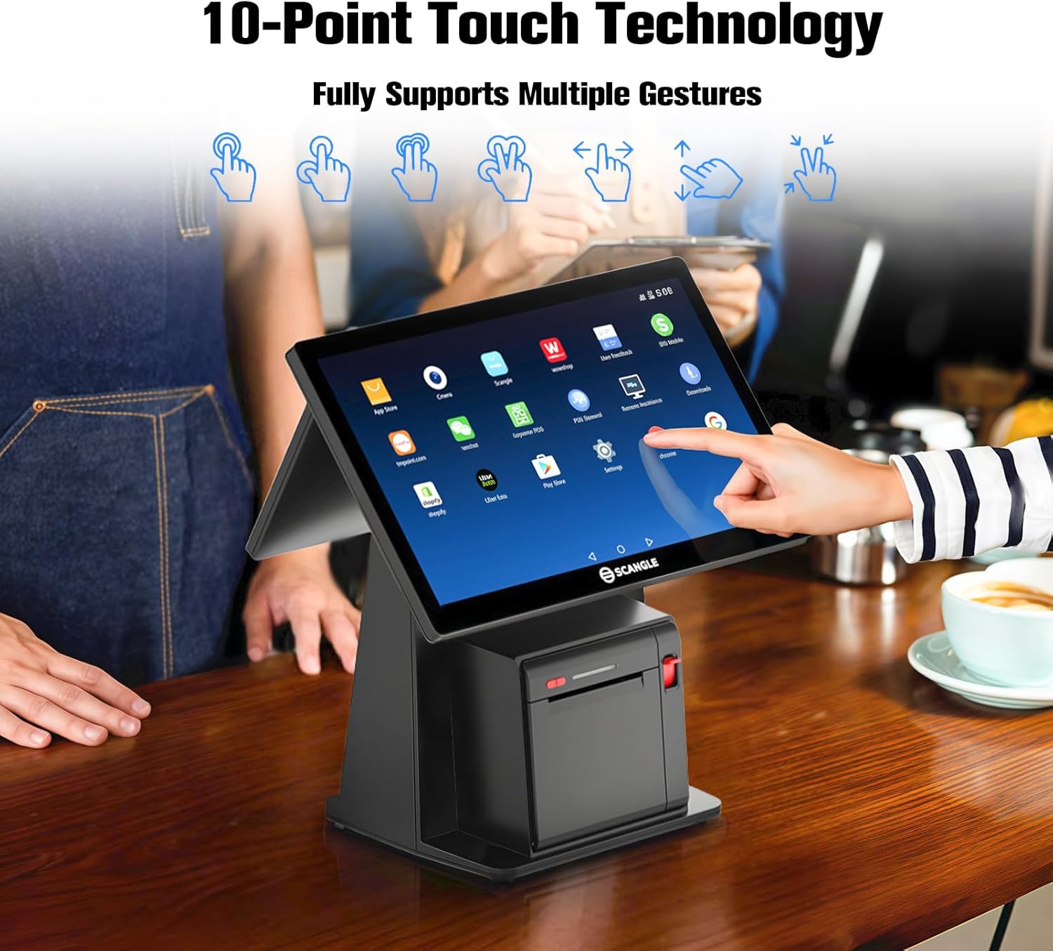 An illustration showing various multi-touch gestures like tap, swipe, pinch-to-zoom, and rotate, with a hand interacting with the Scangle POS system's touch screen.
