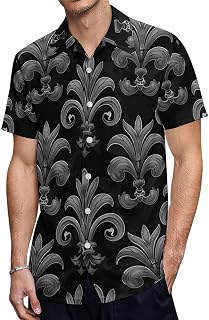 Black Grey Fleur De Lis Flowers Men's Hawaiian Shirt Short-Sleeve Button Down Shirt Tops for Casual Beach Vacation
