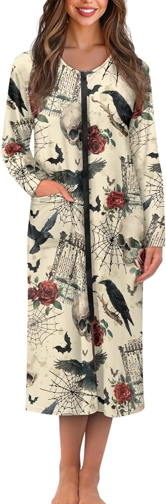 Womens Zipper Robe Housecoat for Women Zipper Front Womens Full-Length Bathrobe with Pocket Lounge Bathrobe