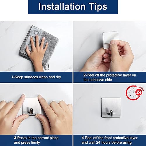 Miniatura 6 de Paquete de 5 ganchos adhesivos resistentes para colgar en la pared, ganchos para toallas y abrigos, de acero inoxidable, impermeables, para cocina