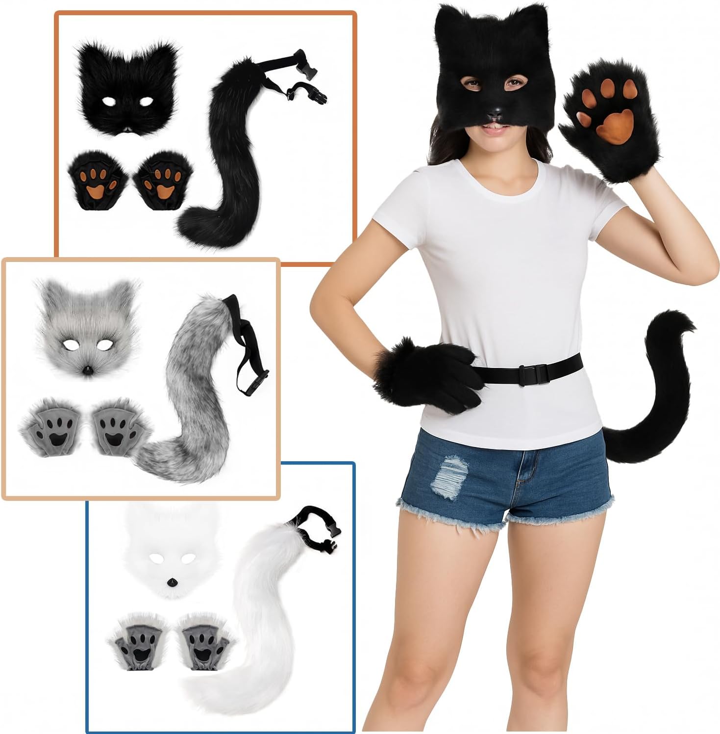Fox Mask Wolf Fox Tail Cat Cosplay Set: Furry Mask + Paw Gloves + Tail, Ideal for Halloween & Themed Parties - Image 3