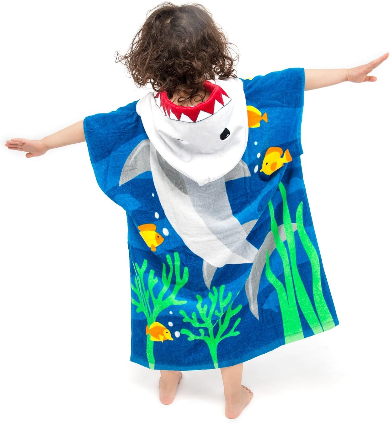 Florica Toddler Hooded Beach Towel Coverup Cape Kids 100% Cotton Soft Quick Dry Absorbent Use for Swim Pool Bath Poncho Towels for 3 to 8 Years Old Children Size 24"x 55" in Full-Length (Brave Shark)