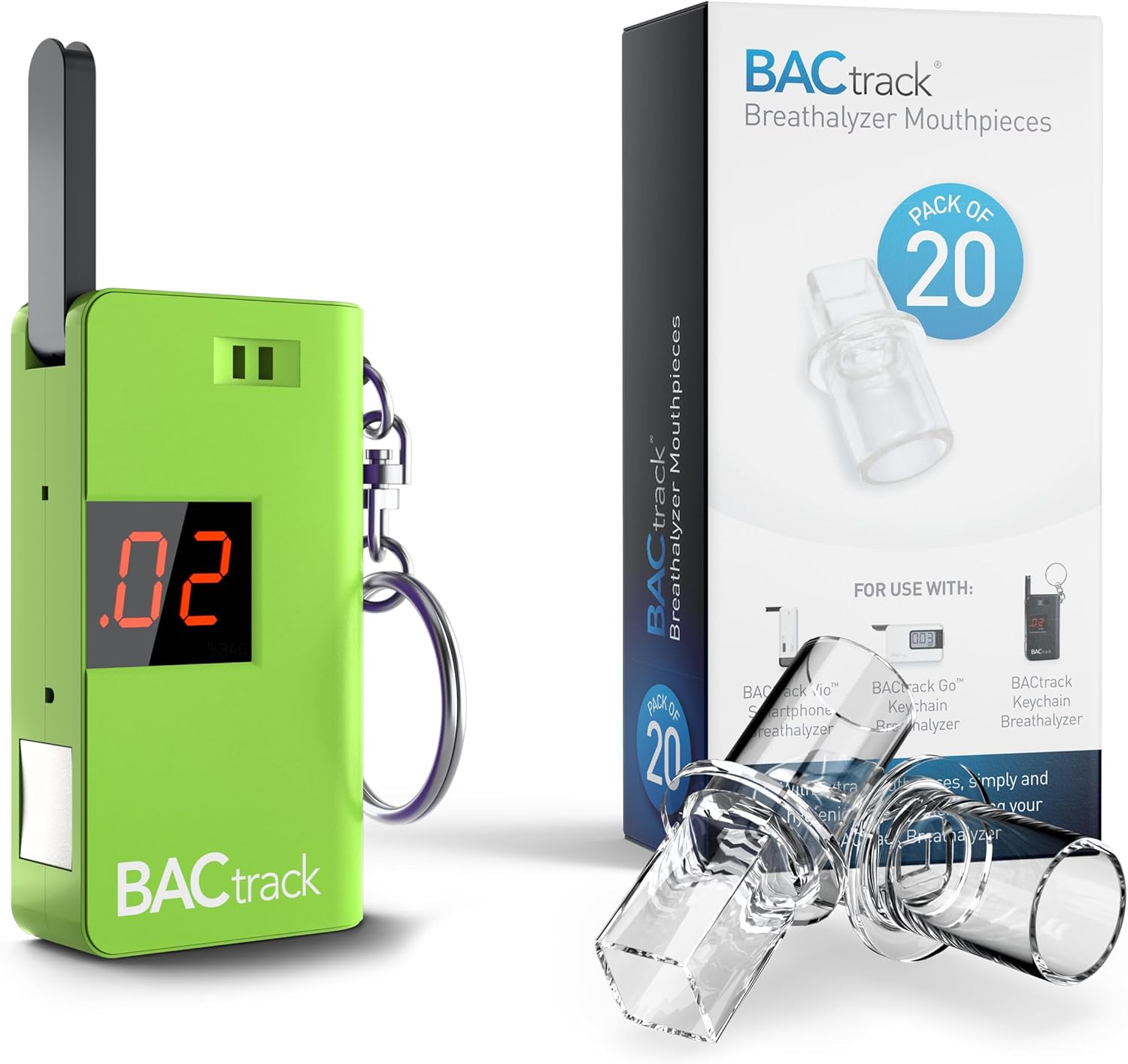 BACtrack Keychain Breathalyzer (Green) and 20 Breathalyzer Mouthpieces Bundle