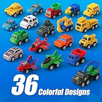 Vista 6 de Juego de 36 piezas de juguetes de autos y camiones – Mini vehículos de bolsillo, aviones de combate, construcción, autos de carreras y juguetes