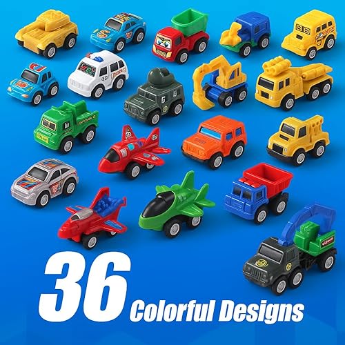 Miniatura 6 de Juego de 36 piezas de juguetes de autos y camiones  Mini vehículos de bolsillo, aviones de combate, construcción, autos de carreras y juguetes