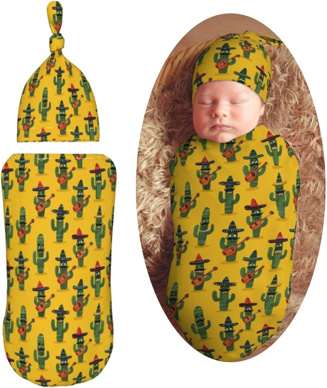 Funny Cacti Playing Guitar Newborn Swaddle Blankets Hat Sets Soft Baby Receiving Blanket Swaddle Sack for Baby Shower Infant Boy Girl Gift