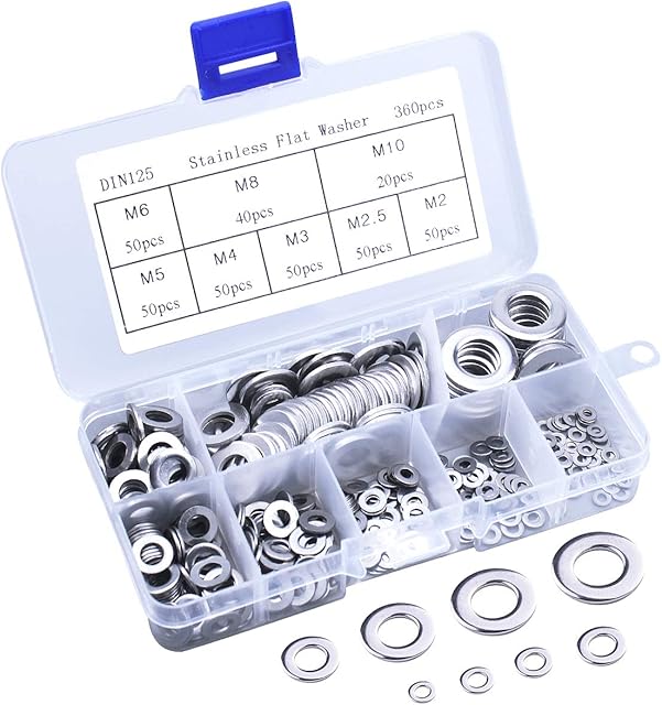 Natuce 8 Sizes, 360PCS Stainless Steel Flat Washers Assortment Set, Sealing Gasket,Washer Seal, Round Spacer, Stainless Steel Flat and Lock Washer (M2 M2.5 M3 M4 M5 M6 M8 M10) for General Repair