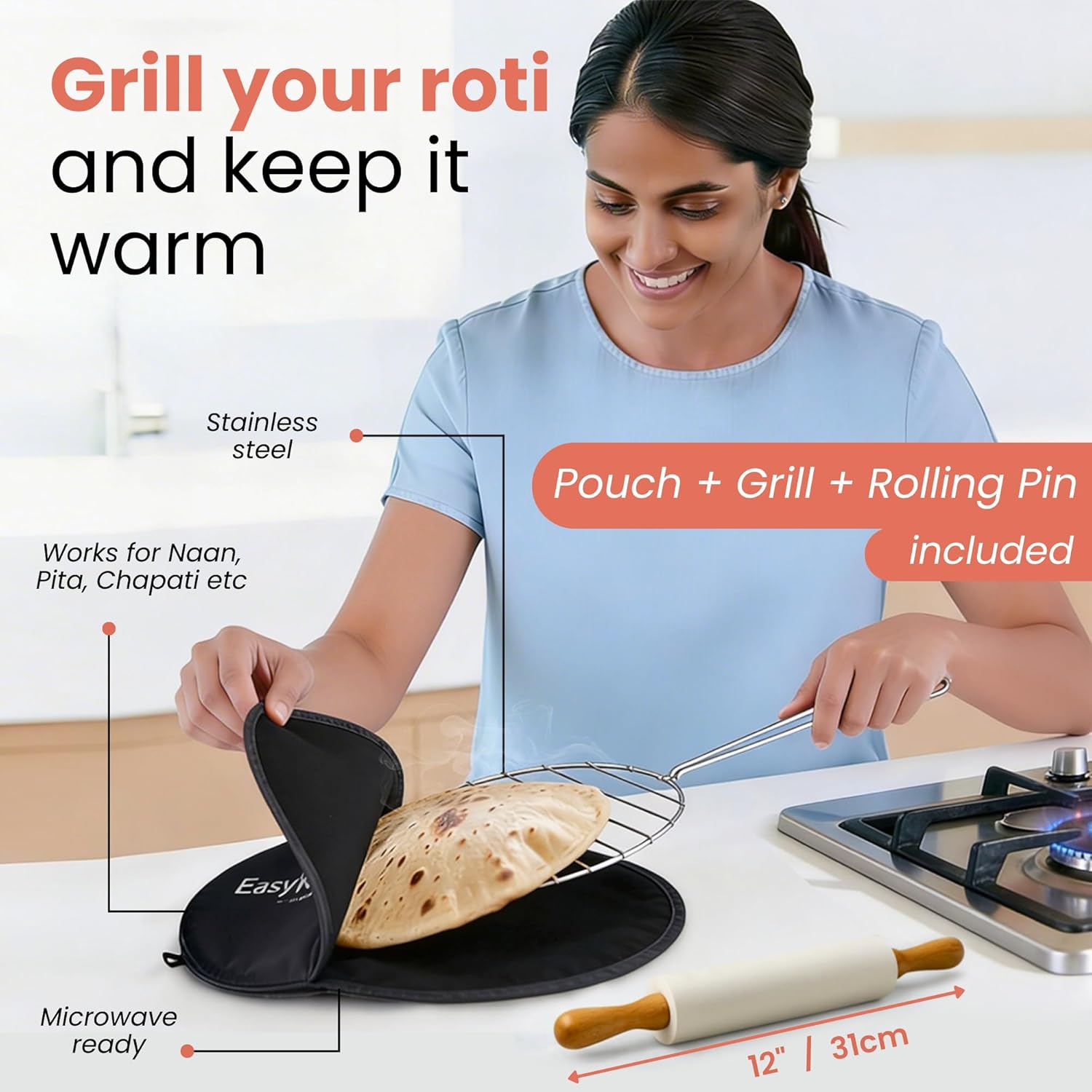 EasyKnead Roti Box with Lid and Rolling Pin and Roti Pouch and Roti Grill – Rotibox for Rolling Roti - Roti Making Box for Chapati, Paratha, Puri – Non-Slip Kneading Board Rotibox