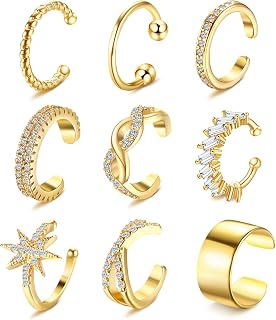 Dochais 9PCS 14K Gold Plated Ear Cuffs - Non-Pierced Fake Cartilage Earrings, Adjustable Clip-On Styles for Women