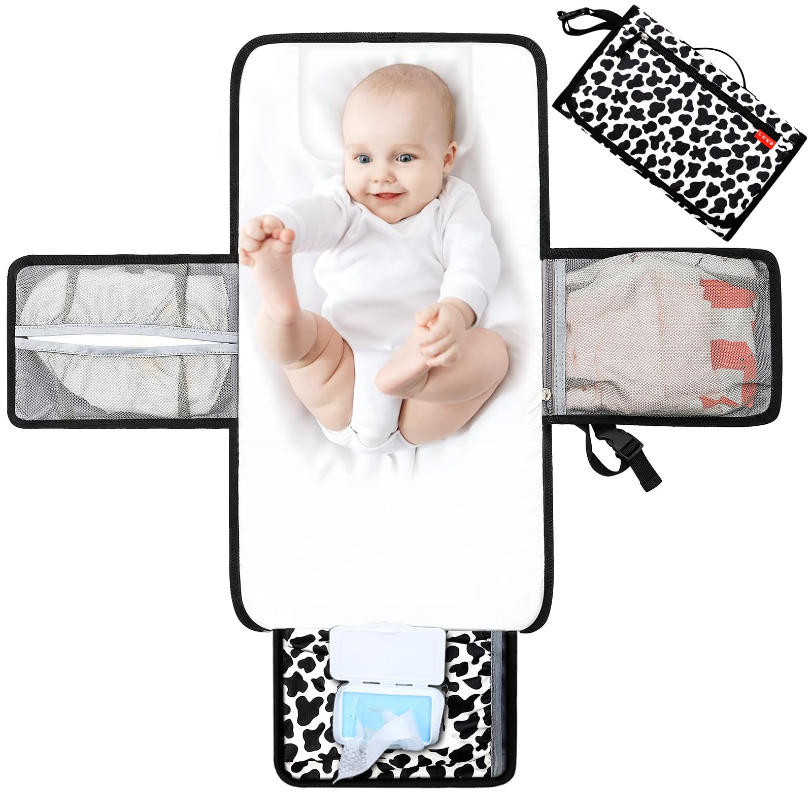 Lekebaby Wickelunterlage Wickelunterlage Tragbare Wickelunterlage Baby Reise Wickelunterlage mit Wischtasche, Cow Stria