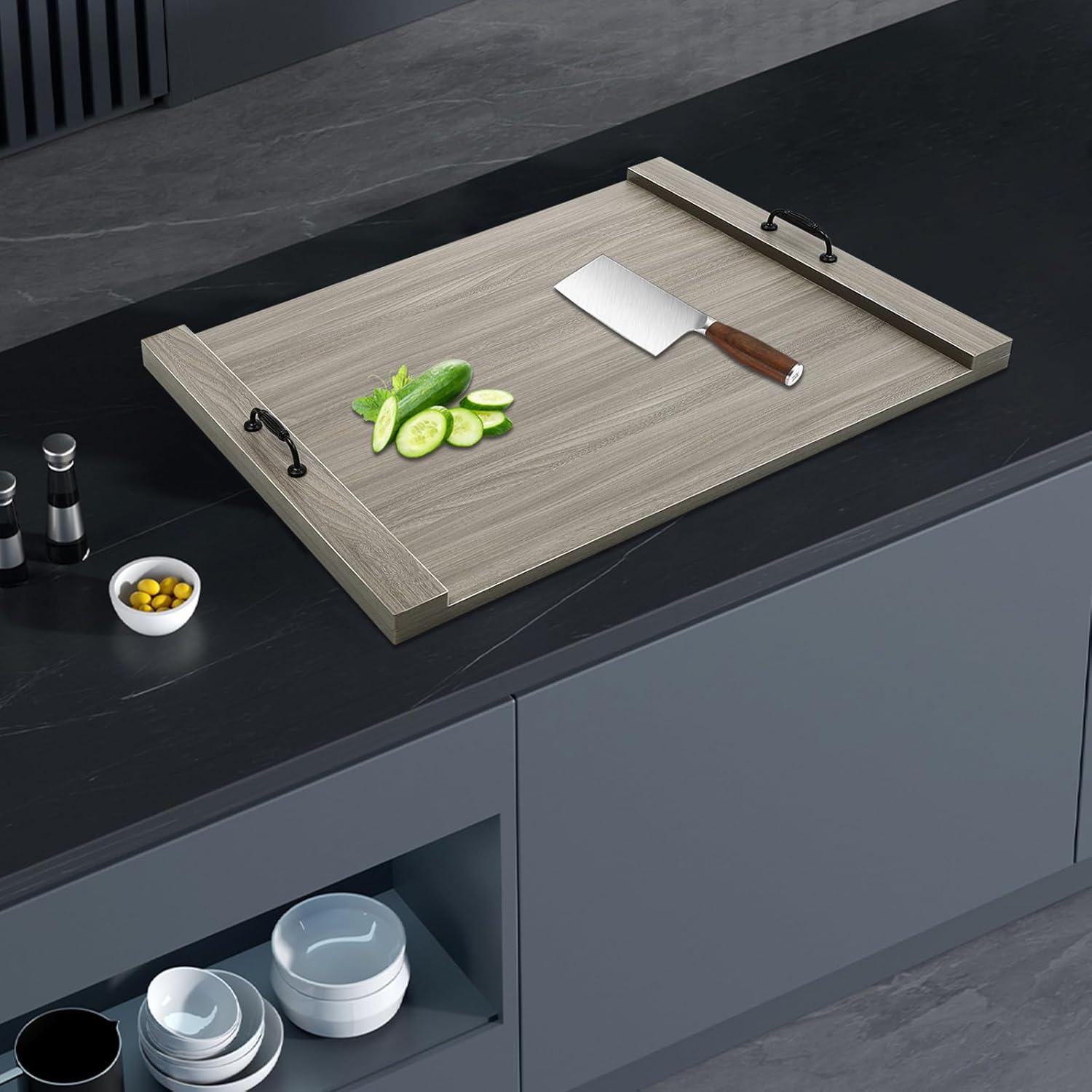 Rustic Wood Noodle Board Stove Top Cover, 30 x 22 Inch Gas & Electric Stove Cover with Handles, Grey