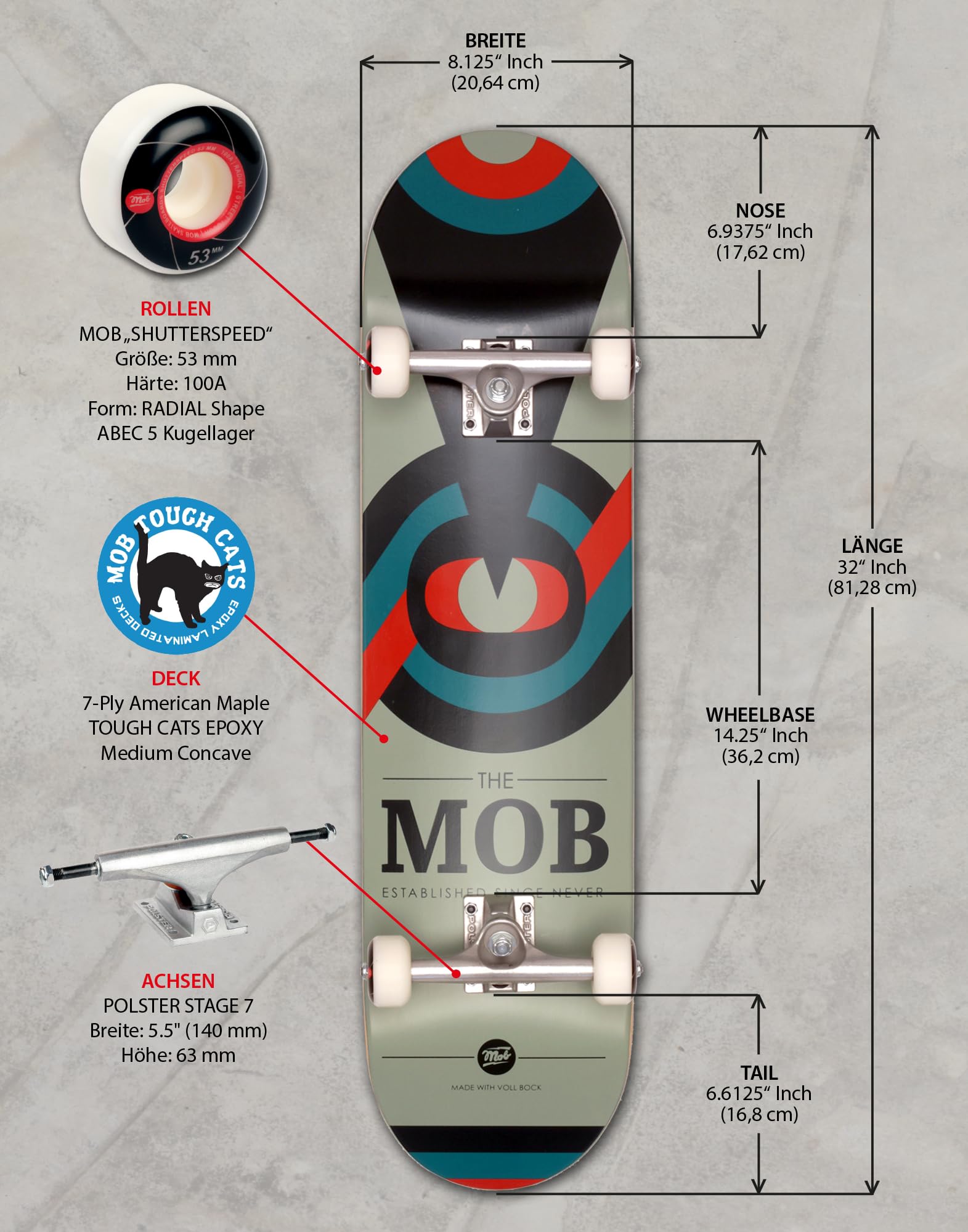 Mob Skateboard Eyechart 8.125 Complete – Skateboard complet 32 x 8,125" – Planche en bois d'érable 7 couches – Prêt à l'emploi – Skateboard débutant et professionnel pour adolescents, adultes, œil