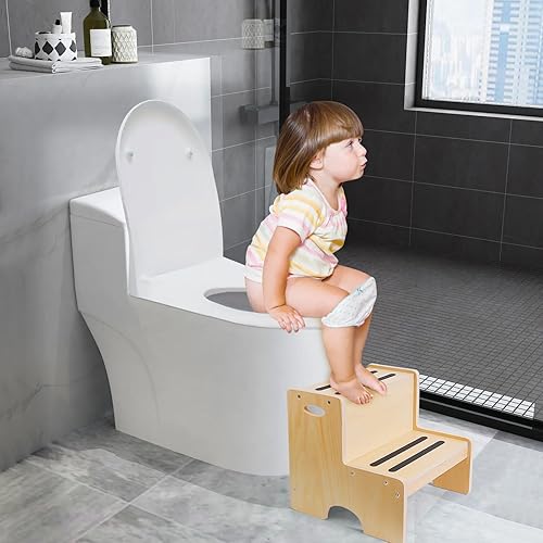 Miniatura 6 de Gloween Taburete de madera para niños de dos escalones con asas, taburete de doble altura con almohadillas antideslizantes adicionales para