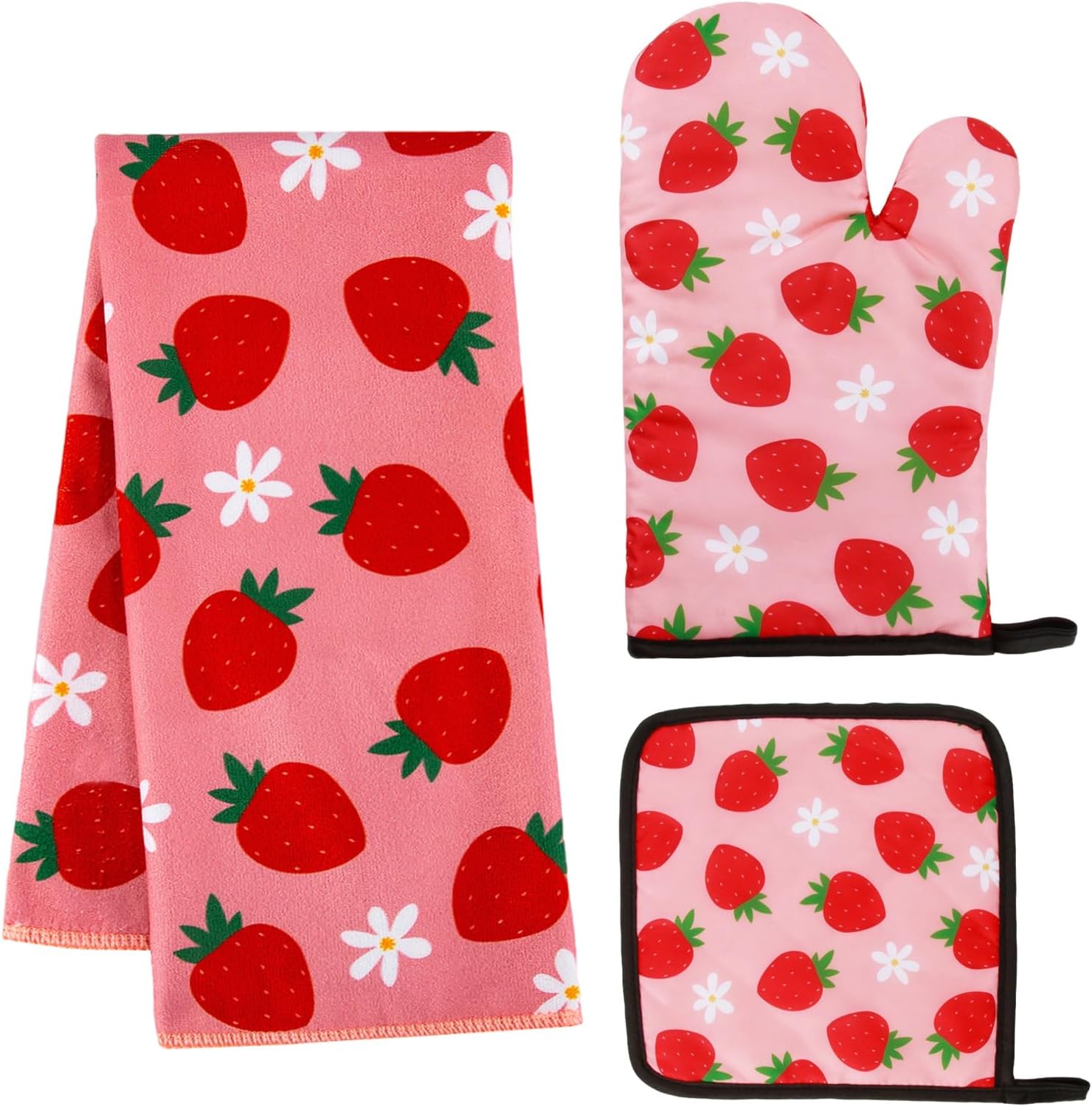 4 PSC Strawberry Pink Cute Oven Mitts Pot Holders Set,Strawberry Kitchen Accessories Decor,Heat Resistant for Cooking Baking Grilling Microwave