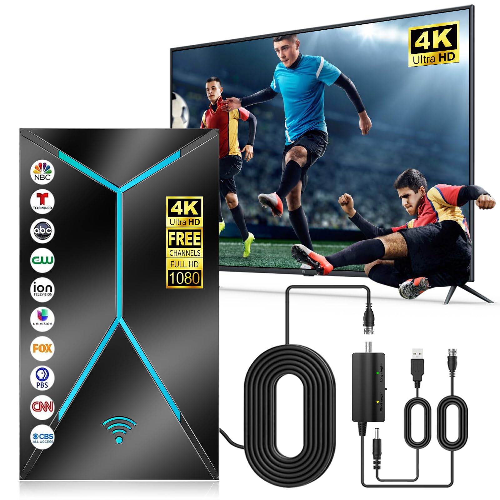 Câble coaxial 7,9 m avec antenne TV 2026 amplifiée pour réception chaînes locales gratuites - 2