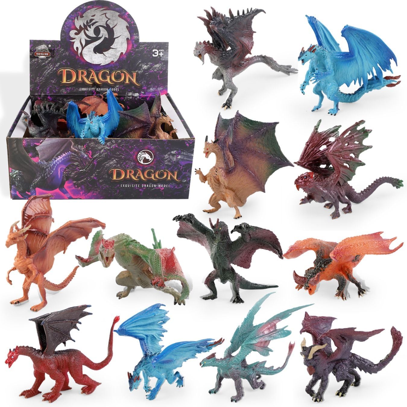 Liberty Imports 12 Pcs Dragon Toy Figures, 5" Large Realistic Hand Painted Mythical Figurines, Assorted Designs for Kids Party Favors & Cake Toppers